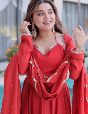 Marvelous  Red Lace Work Chanderi Festival Wear Anarkali Suit Pant 6