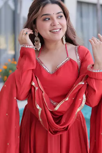 Marvelous  Red Lace Work Chanderi Festival Wear Anarkali Suit Pant