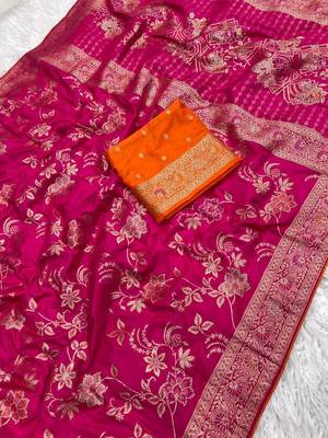 Rani Pink Color Traditional Dola Silk Wedding saree 1