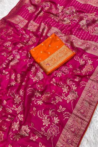 Rani Pink Color Traditional Dola SIlk Blnd Wedding saree