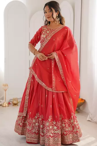 Mesmerizing Orange Thread Work Silk Wedding Lehenga Choli With Dupatta
