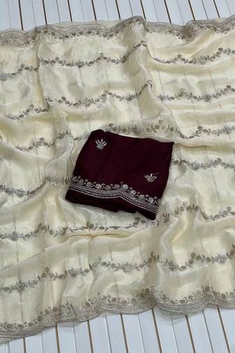 White Color Space SIlk Blnd Embroidered Saree