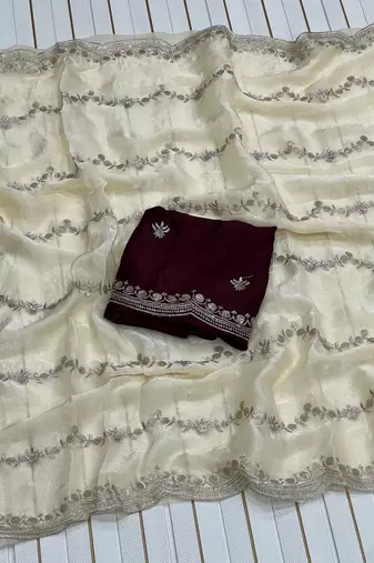 White Color Space SIlk Blnd Embroidered Saree