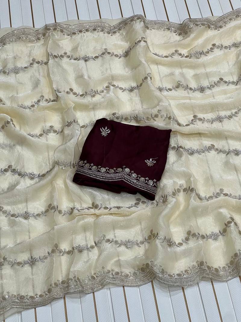 White Color Space SIlk Blnd Embroidered Saree