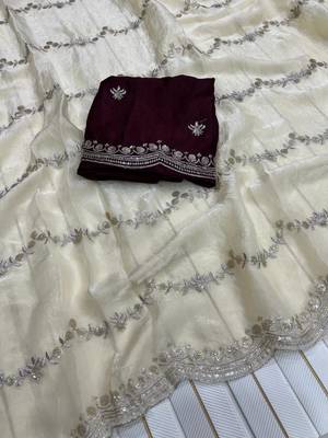 White Color Space Silk Embroidered Saree 2