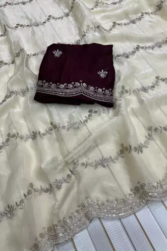 White Color Space Silk Embroidered Saree