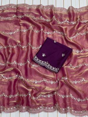 Onion Pink Color Space Silk Embroidered Saree 1