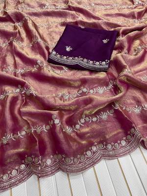 Onion Pink Color Space Silk Embroidered Saree 2