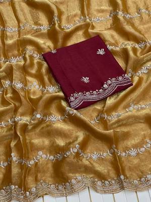 Mustard Color Space Silk Embroidered Saree 1