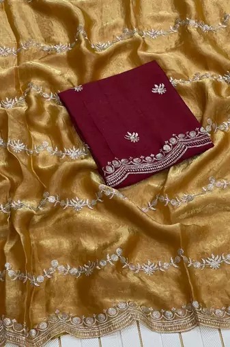 Mustard Color Space SIlk Blnd Embroidered Saree