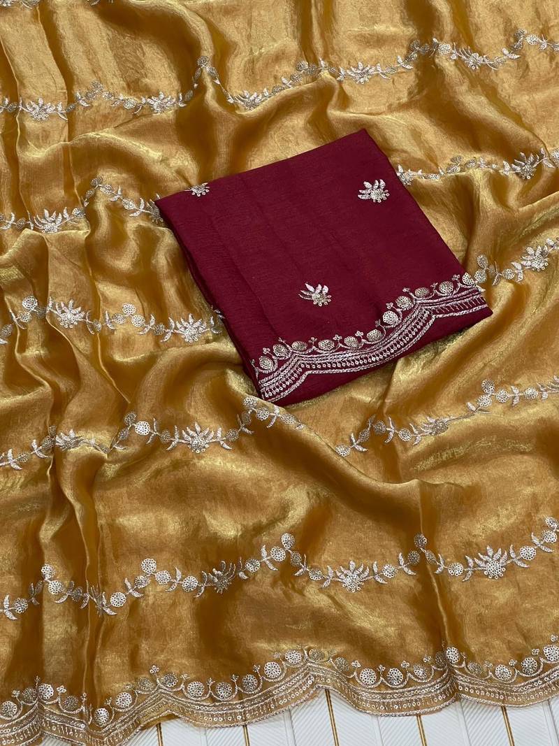 Mustard Color Space SIlk Blnd Embroidered Saree