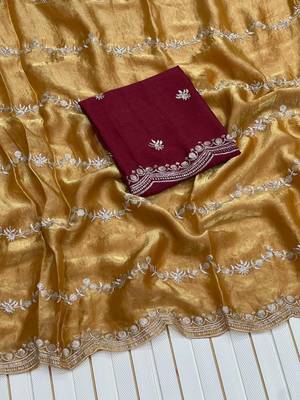 Mustard Color Space Silk Embroidered Saree 2