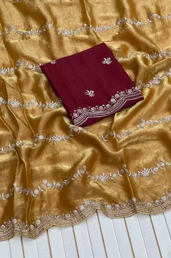 Mustard Color Space Silk Embroidered Saree