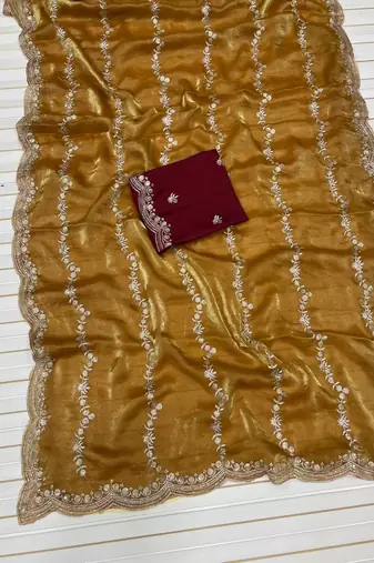 Mustard Color Space Silk Embroidered Saree