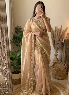 Heavy hand embroidery worked beige fandy silk saree for women wedding wear 1