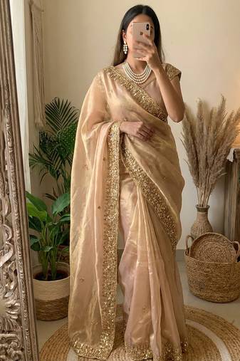 Heavy hand embroidery worked beige fandy silk saree for women wedding wear
