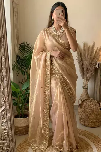 Heavy hand embroidery worked beige fandy silk saree for women wedding wear