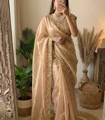 Heavy hand embroidery worked beige fandy silk saree for women wedding wear
