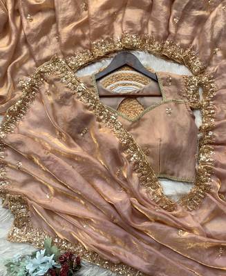 Heavy hand embroidery worked beige fandy silk saree for women wedding wear 2