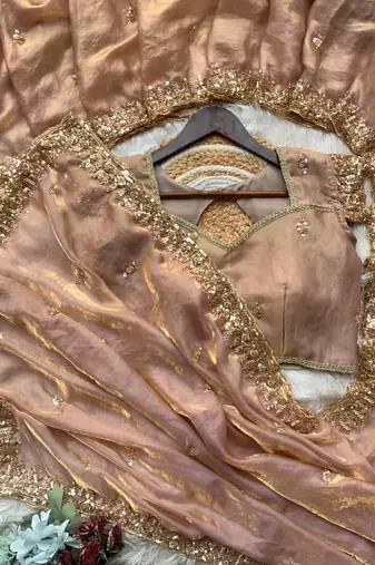 Heavy hand embroidery worked beige fandy silk saree for women wedding wear