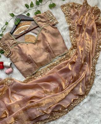 Heavy hand embroidery worked beige fandy silk saree for women wedding wear 3