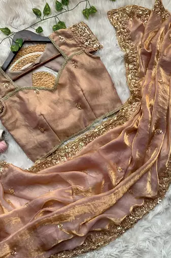 Heavy hand embroidery worked beige fandy silk saree for women wedding wear
