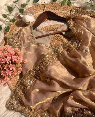 Heavy hand embroidery worked beige fandy silk saree for women wedding wear 4
