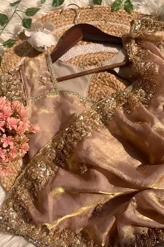 Heavy hand embroidery worked beige fandy silk saree for women wedding wear