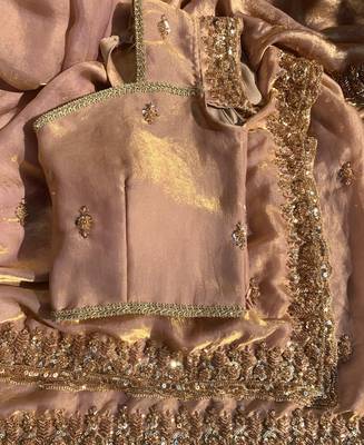 Heavy hand embroidery worked beige fandy silk saree for women wedding wear 5