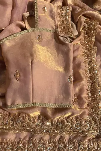 Heavy hand embroidery worked beige fandy silk saree for women wedding wear