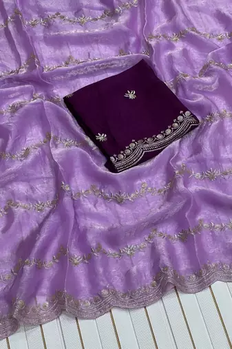 Lavender Color Space SIlk Blnd Embroidered Saree