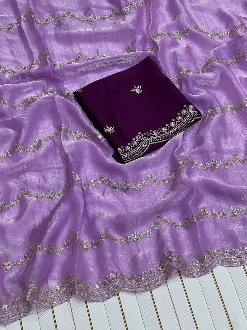 Lavender Color Space SIlk Blnd Embroidered Saree