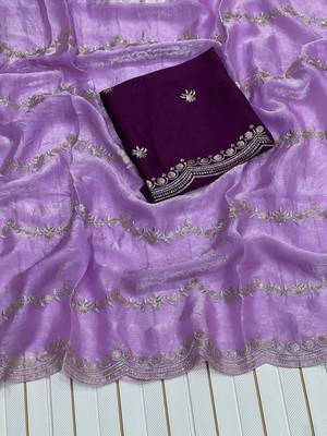 Lavender Color Space Silk Embroidered Saree 2