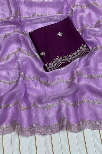 Lavender Color Space Silk Embroidered Saree