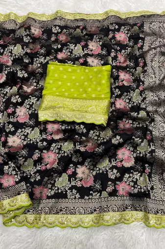 Black Color Indian Wedding Dola SIlk Blnd Saree Collection