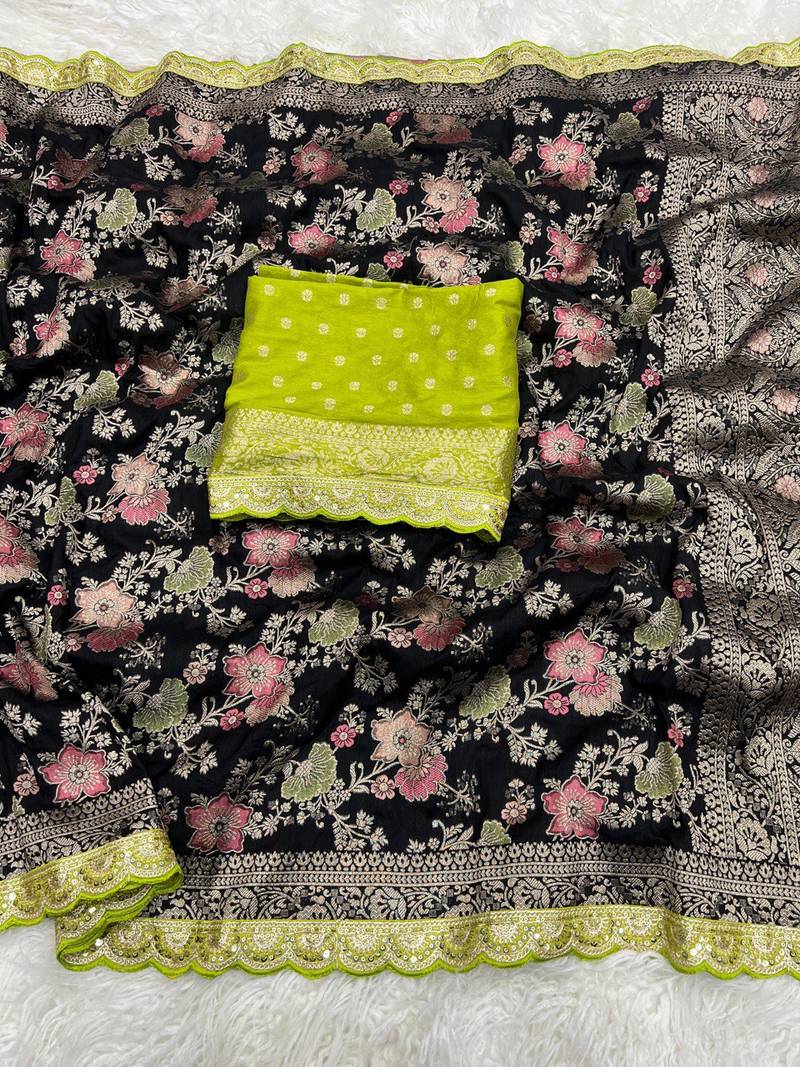 Black Color Indian Wedding Dola SIlk Blnd Saree Collection