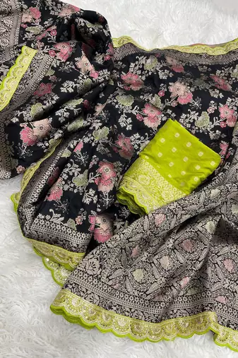 Black Color Indian Wedding Dola SIlk Blnd Saree Collection