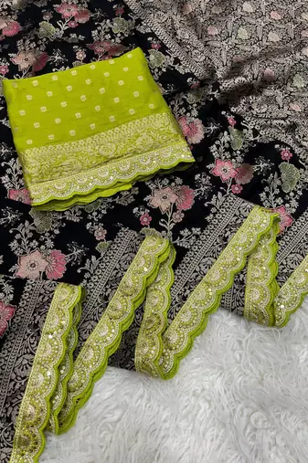 Black Color Indian Wedding Dola SIlk Blnd Saree Collection