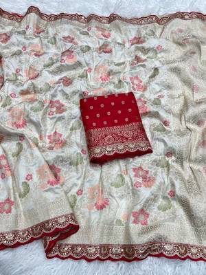 Off White Color Indian Wedding Dola SIlk Blnd Saree Collection 1