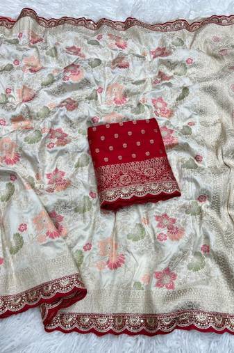 Off White Color Indian Wedding Dola SIlk Blnd Saree Collection