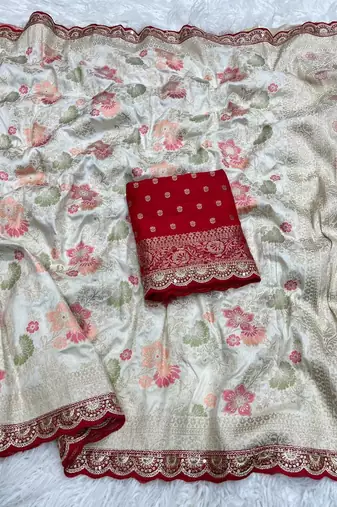 Off White Color Indian Wedding Dola SIlk Blnd Saree Collection