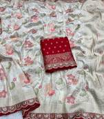 Off White Color Indian Wedding Dola SIlk Blnd Saree Collection