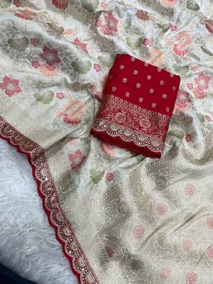 Off White Color Indian Wedding Dola SIlk Blnd Saree Collection 2