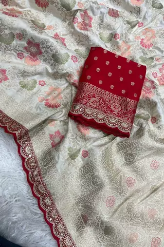 Off White Color Indian Wedding Dola SIlk Blnd Saree Collection