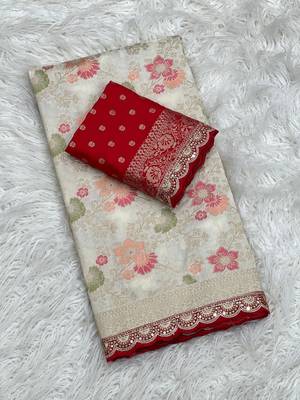 Off White Color Indian Wedding Dola SIlk Blnd Saree Collection 3
