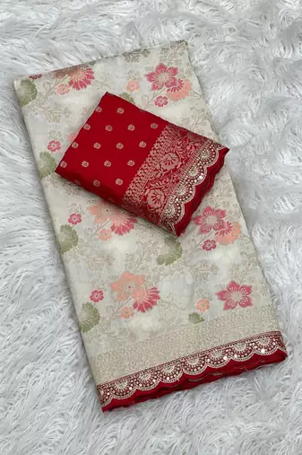 Off White Color Indian Wedding Dola SIlk Blnd Saree Collection