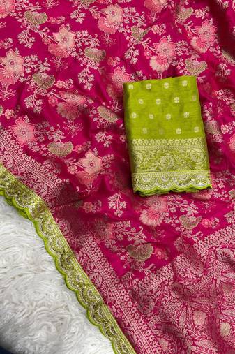 Rani Pink Color Indian Wedding Dola SIlk Blnd Saree Collection