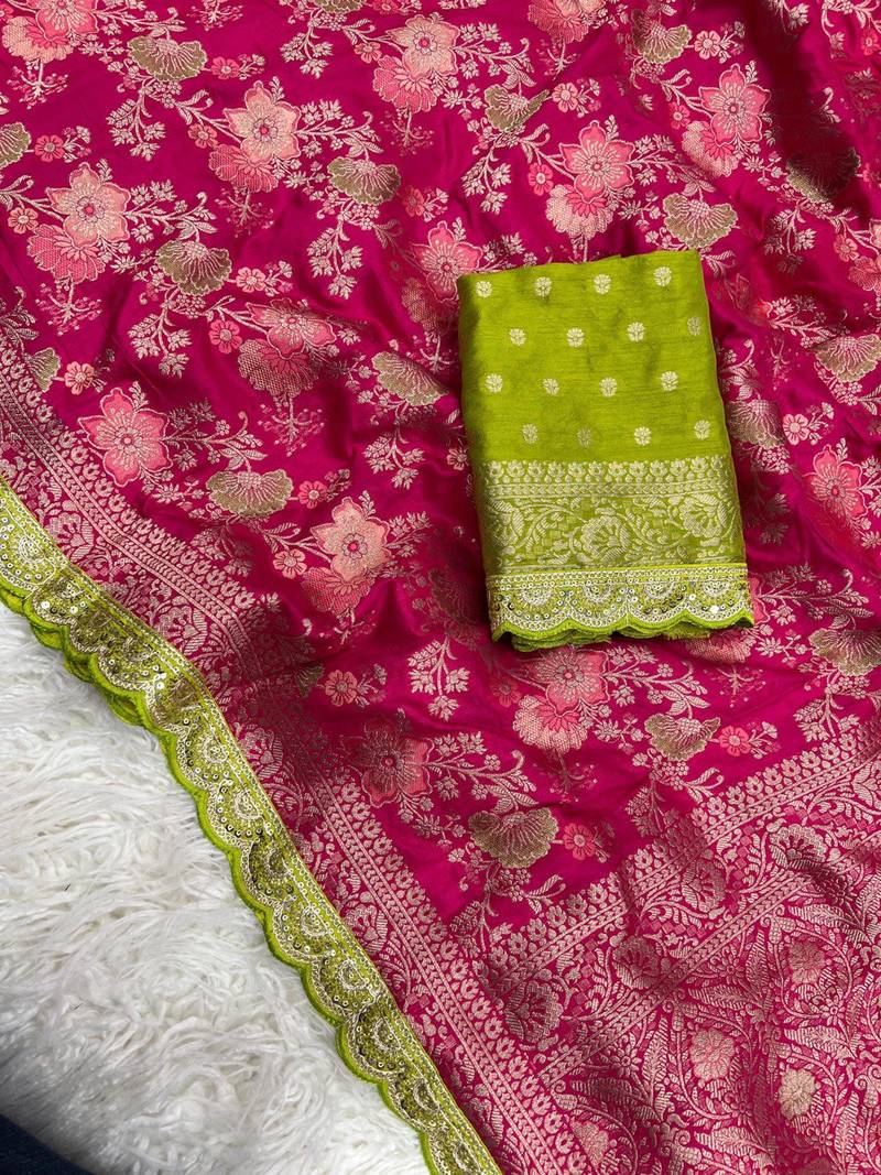 Rani Pink Color Indian Wedding Dola SIlk Blnd Saree Collection