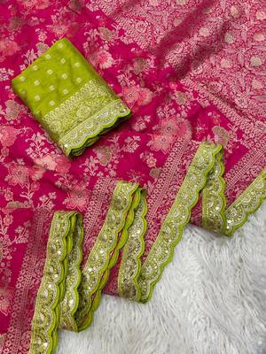 Rani Pink Color Indian Wedding Dola SIlk Blnd Saree Collection 2