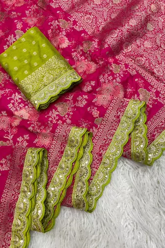 Rani Pink Color Indian Wedding Dola SIlk Blnd Saree Collection